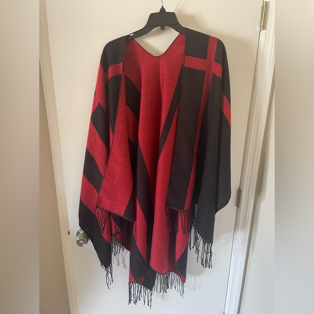 Kolly More Red & Black woven shawl with fringe